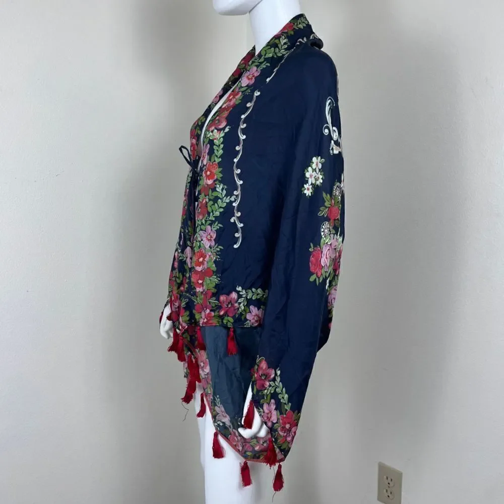 Johnny Was Size M Silk Tassel Wide Flared Sleeve Floral Mococo Boho Shrug Poncho